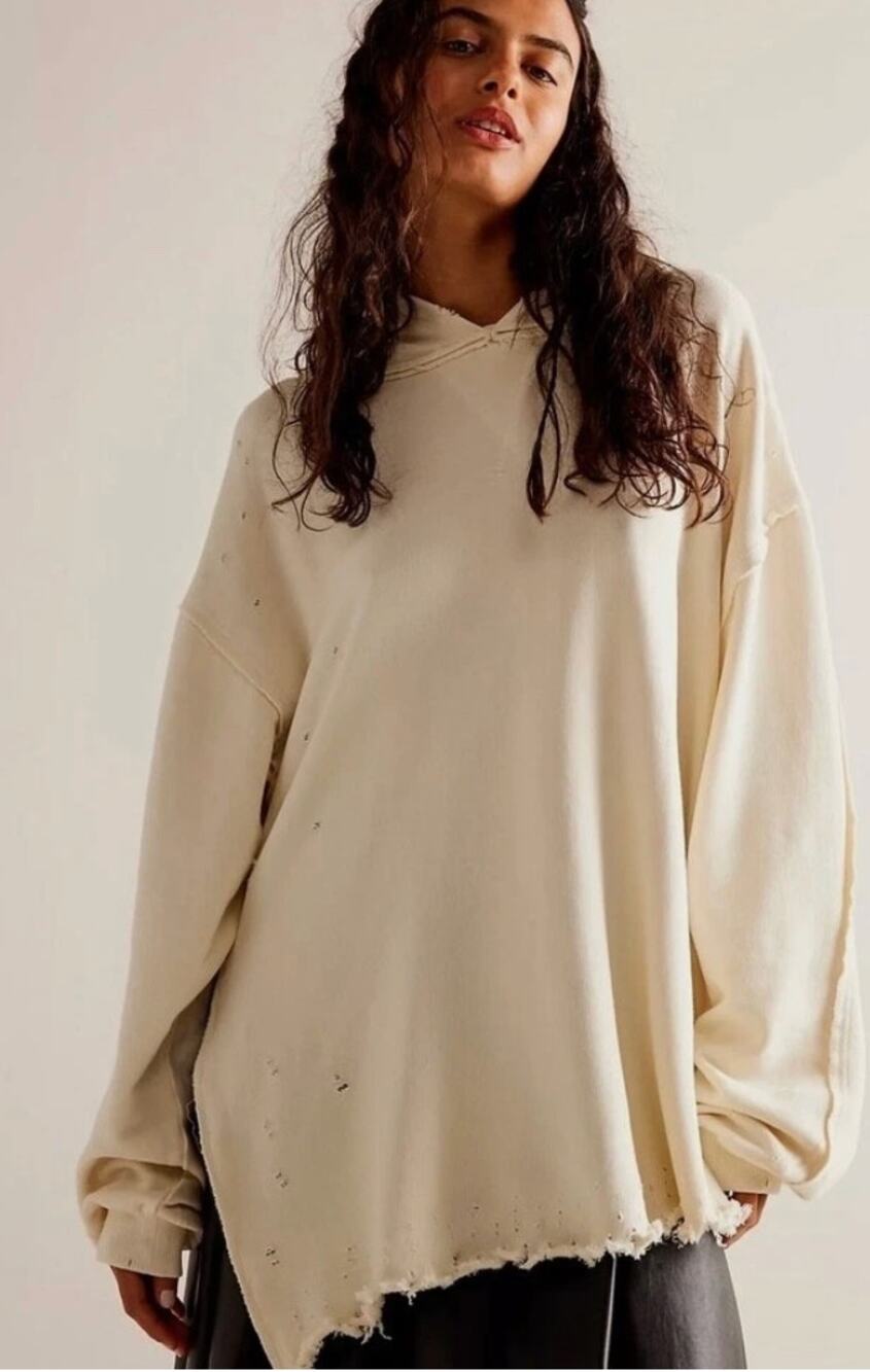Free People Everyday Hoodie Sweatshirt Oversize Distress Harbor Fog Ivory Size S